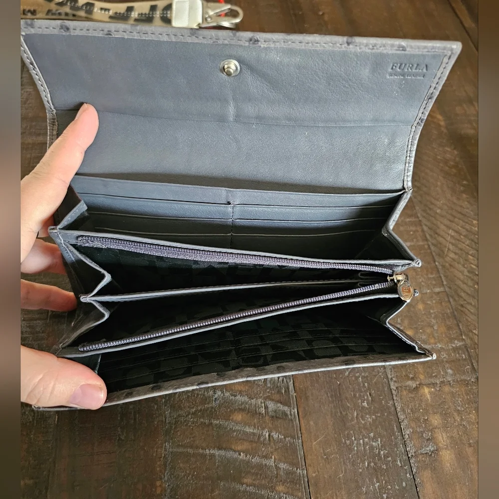 Furla Gray Ostrich Embossed Continental Quiet‎ Luxury Wallet